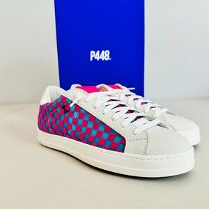 P448 DAMA-WHITE PURPLE AND BLUE CHECKERED CHECKS MESH LEATHER LOW TOP SNEAKER 37